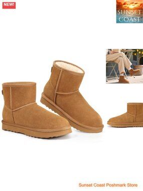 Genuine Suede Mini Snow Boots Fuzzy Fur Lined Ankle Booties
